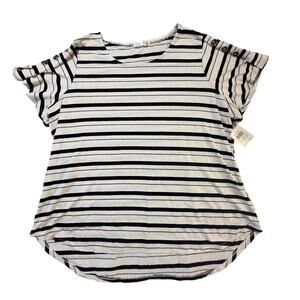 Retrology Women’s 3X Striped Linen Blend Flutter Sleeve Top NWT Black White